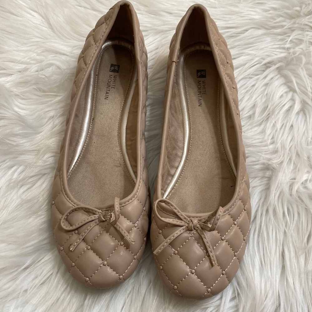 White Mountain Nude Blush Quilted Ballet Flats Bow Detail Comfort Slip On Shoes